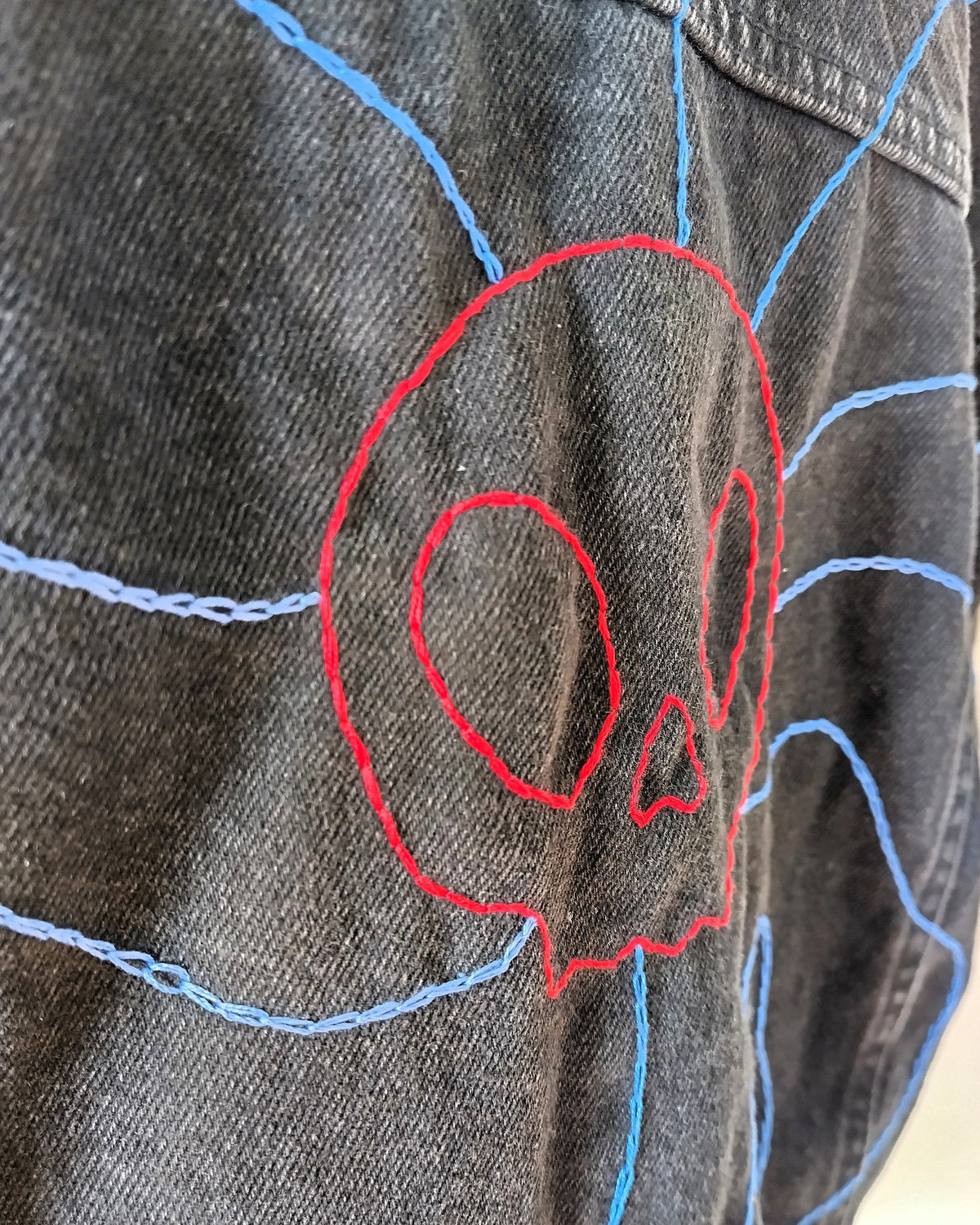 Detalle de personalización mediante bordado de chaqueta vaquera con calavera roja y ondas azules.